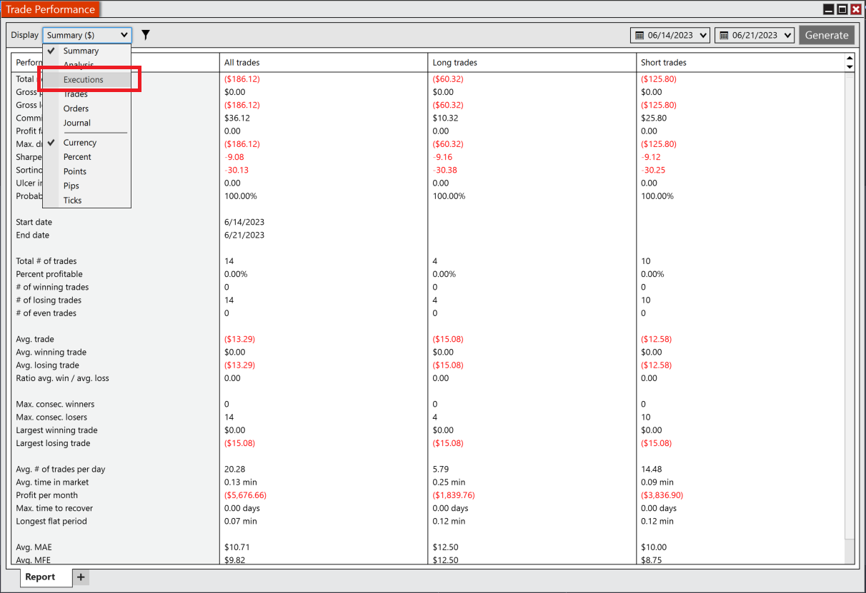 NinjaTrader 8 Display Executions