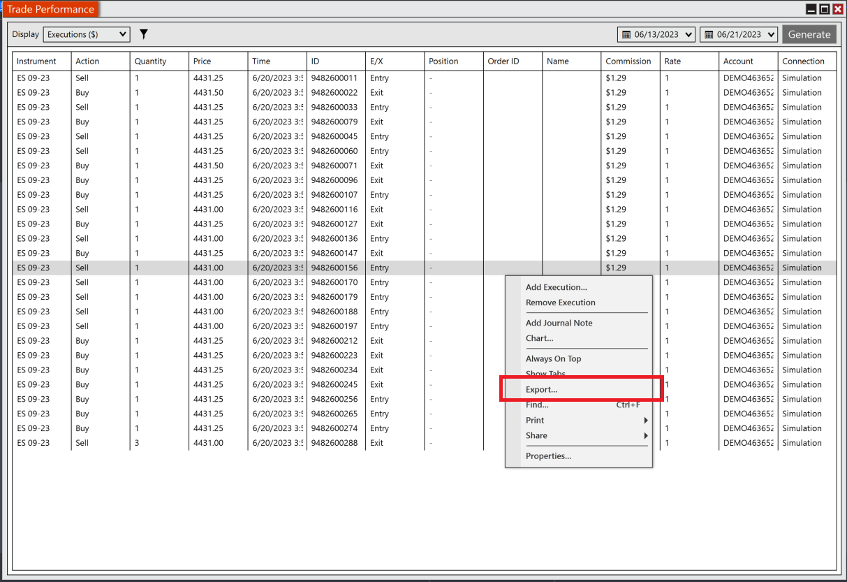 NinjaTrader 8 Export CSV
