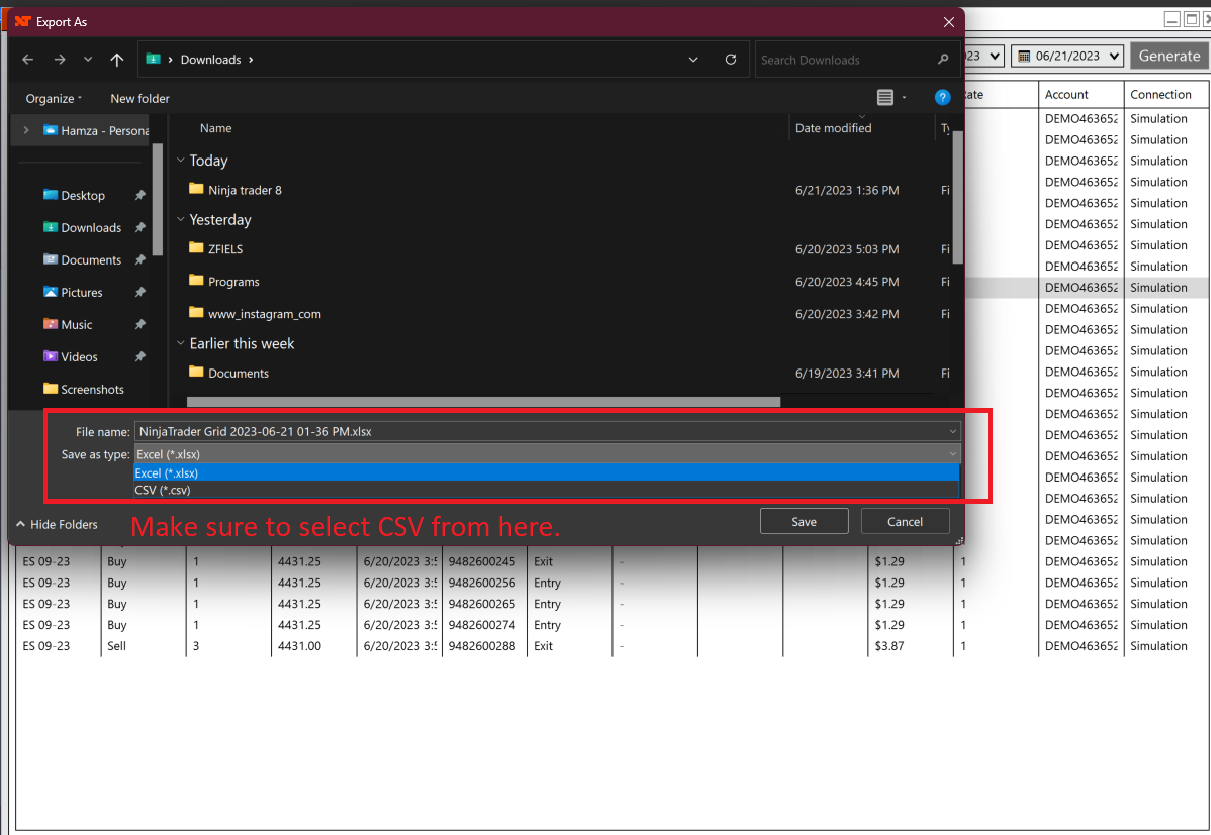 NinjaTrader 8 Save CSV