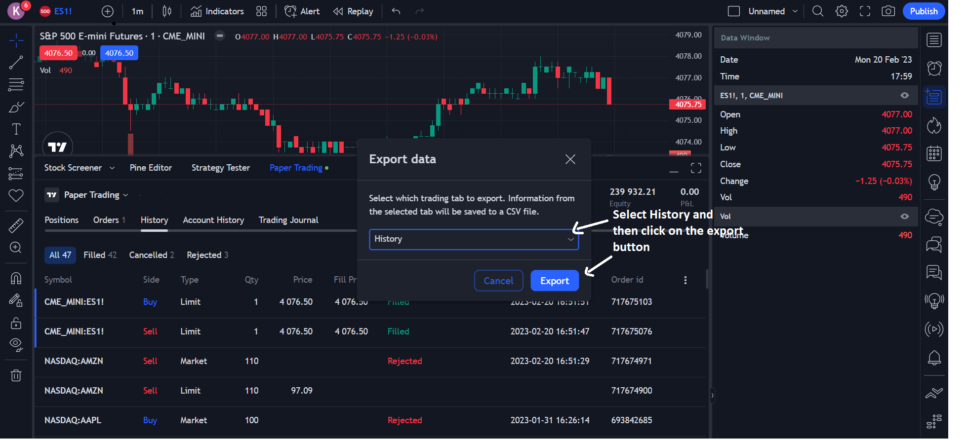 TradingView Export History
